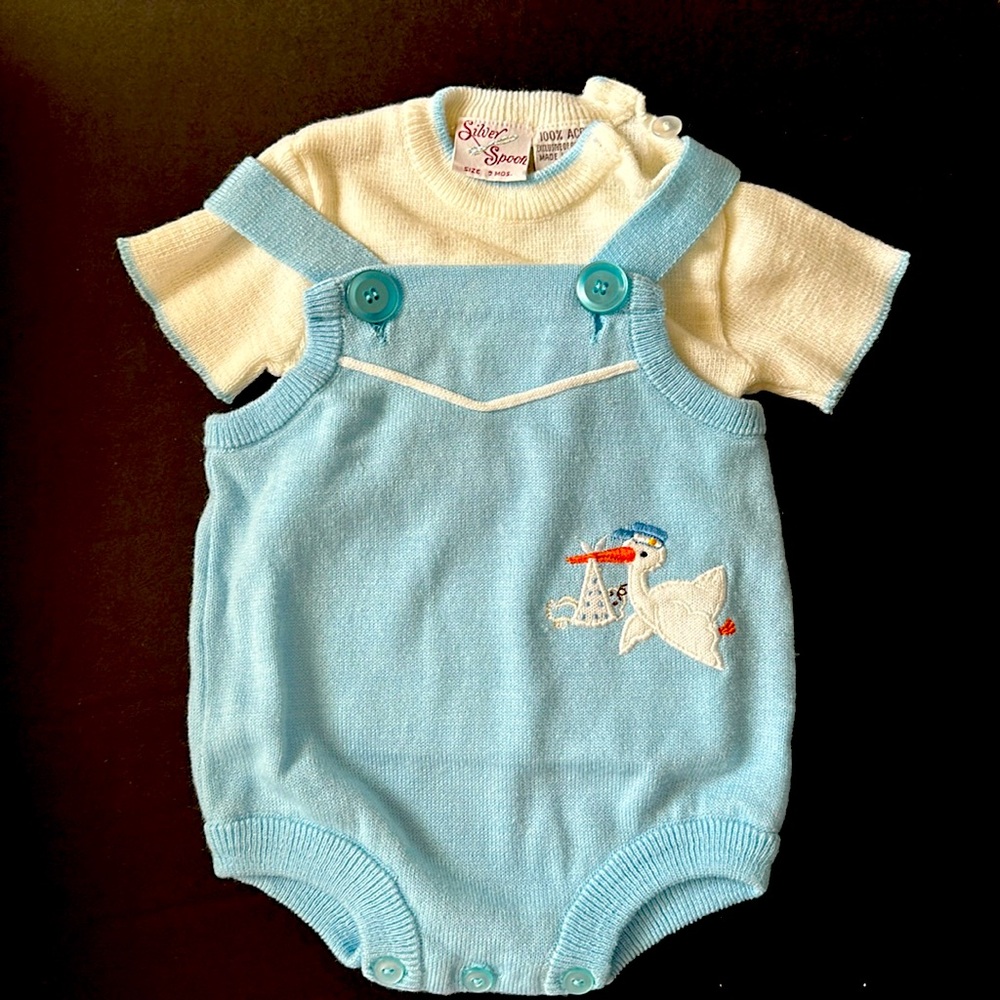 Vintage Newborn Romper with shirt, stork appliqué